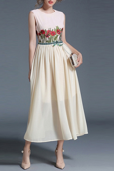 Fashion Floral Embroidered Round Neck Sleeveless Summer's Chiffon Maxi Dress