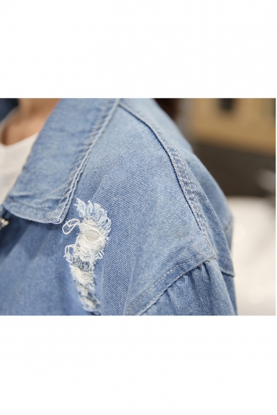 New Fashion Letter Printed Ripped Lapel Collar Long Sleeve Buttons Down Denim Jacket
