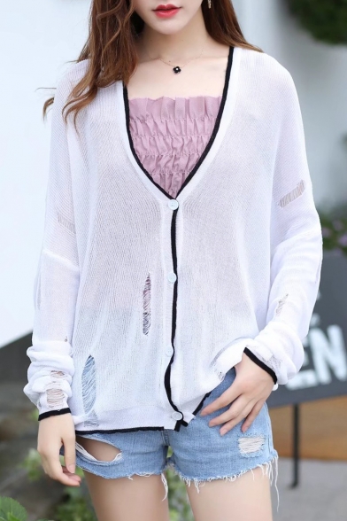 New Trendy Color Block Buttons Down Long Sleeve Ripped Sun-Proof Cardigan