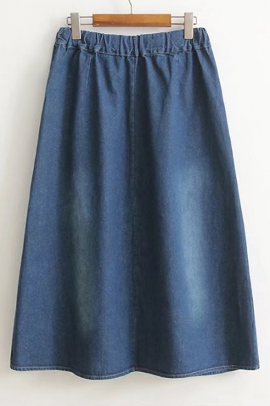 Simple Plain Elastic Waist Fashion M Shaped Fringe Hem Denim Midi Skirt