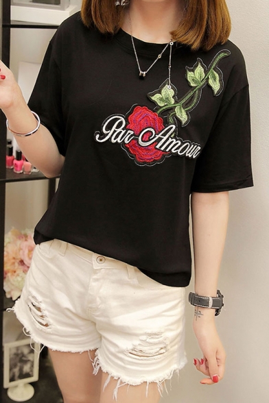 Summer's Casual Leisure Floral Letter Embroidered Round Neck Short Sleeve T-Shirt
