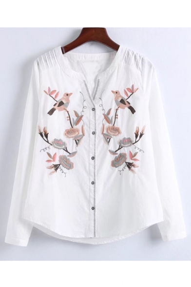 Summer's Chic Floral Embroidered V Neck Long Sleeve Buttons Down Top