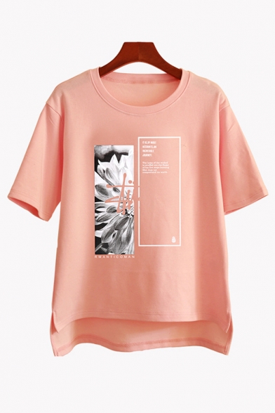 Summer's Floral Letter Printed Basic Round Neck Short Sleeve T-Shirt