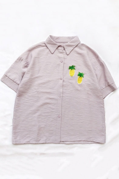Summer's Fresh Pineapple Printed Lapel Collar Short Sleeve Buttons Down Shirt
