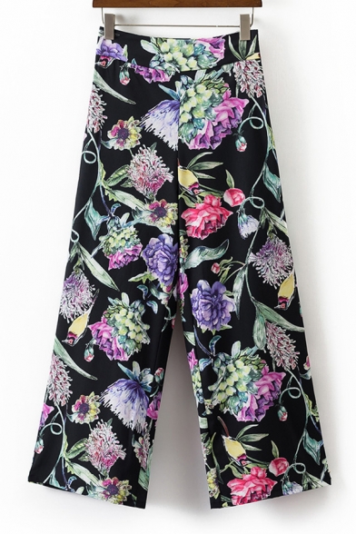 Chic Floral Printed Color Block Zip Side Wide Leg Pants