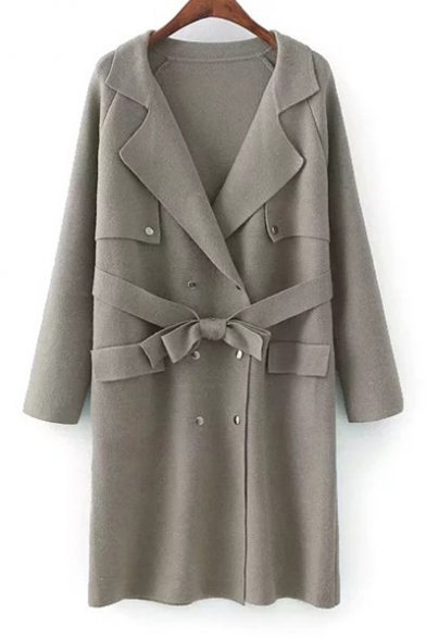 Elegant Notched Lapel Belt Waist Double Breasted Plain Knitted Coat