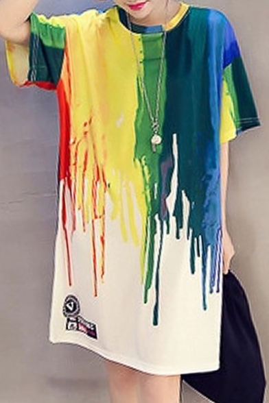 Fashion Color Block Printed Short Sleeve Round Neck Mini T-Shirt Dress