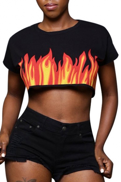 Fashion Fire Pattern Round Neck Short Sleeve Cropped Sports T-Shirt