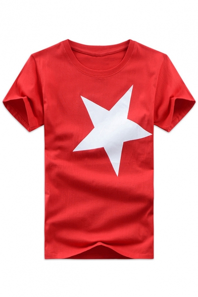 Five-Point Star Pattern Round Neck Short Sleeve Loose Pullover T-Shirt