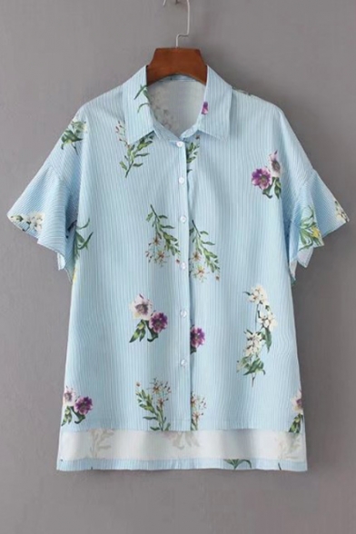 High Low Hem Floral Printed Lapel Collar Short Sleeve Buttons Down Shirt