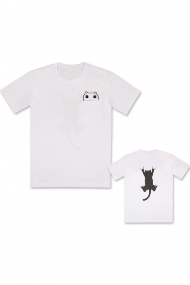 New Arrival Lovely Cartoon Cat Print Pocket Short Sleeve Round Neck T-Shirt