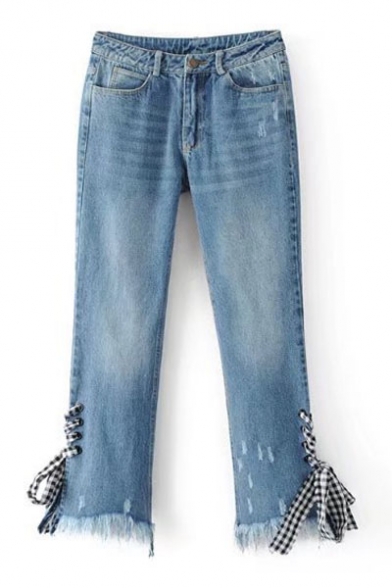 New Fashion Plaids Bandage Side Embellished Fringe Hem Plain Skinny Jeans