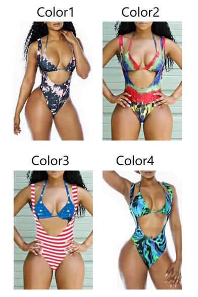 New Fashion Sexy Plunge Neck Tie Dye One Piece Swimwear with Halter Neck Bikini Top