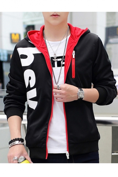 Oversize Letter Printed Long Sleeve Hooded Zip Up Fitted Coat