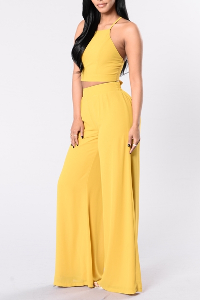 Plain Spaghetti Straps Sleeveless Cropped Cami with Wide Legs Pants
