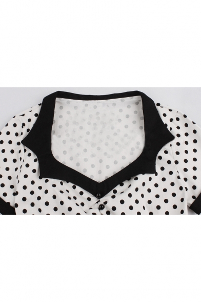 Retro Square Neck Short Sleeve Polka Dot Printed Midi Flare Dress