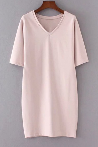 Simple Plain V Neck Short Sleeve Mini Shift Knit Dress