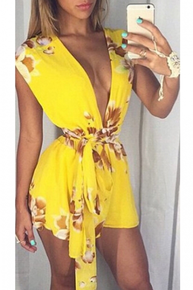 Summer's Hot Popular Sexy Plunge Neck Floral Printed Tied Waist Chiffon Rompers
