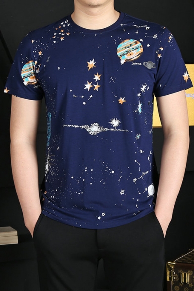 Summer's Popular Galaxy Pattern Short Sleeve Round Neck Slim Fitted T-Shirt