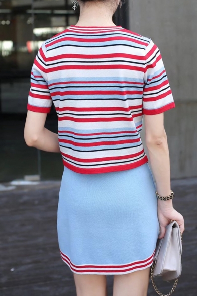 Color Block Striped Print Round Neck Short Sleeve T-Shirt with Mini Skirt