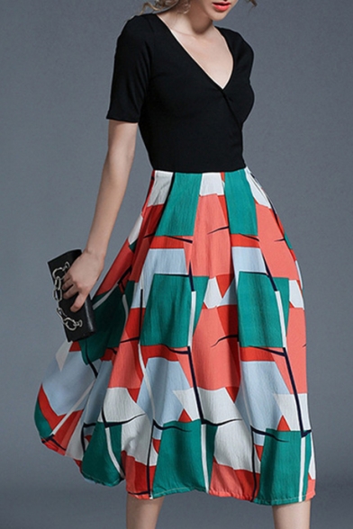 Fashion Color Block Geometric Printed V Neck Short Sleeve Midi A-Line Dress