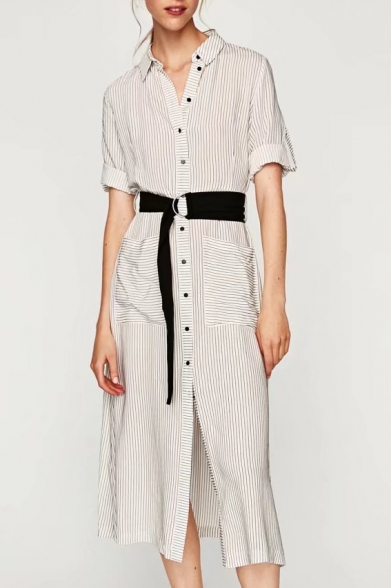 Lapel Collar Short Sleeve Striped Printed Buttons Down Midi Shirt Dress with Waistband
