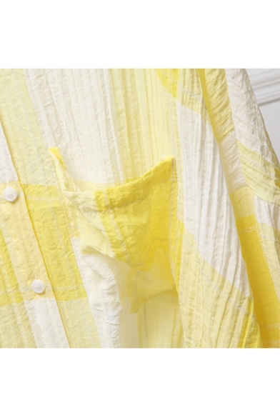 Summer's Color Block Plaids Printed Lapel Collar Long Sleeve Dipped Hem Buttons Down Shirt