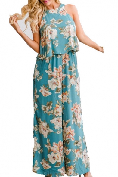 Summer's Chic Floral Printed Sleeveless Loose Tank with Wide Legs Pants