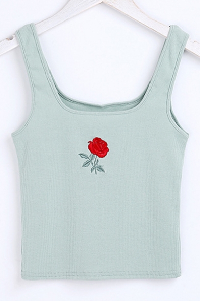 Summer's Chic Rose Embroidered Sleeveless Square Neck Cropped Tank Tee