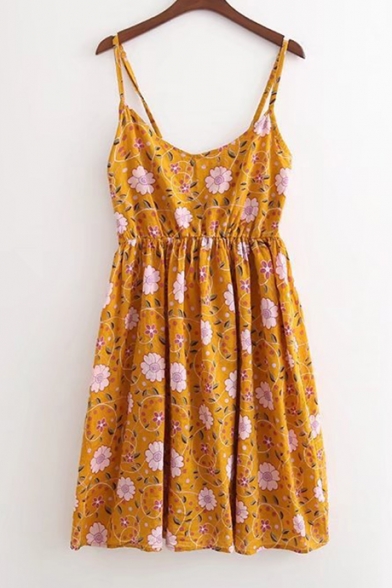 Summer's Fresh Floral Printed Spaghetti Straps Linen Midi Slip Dress
