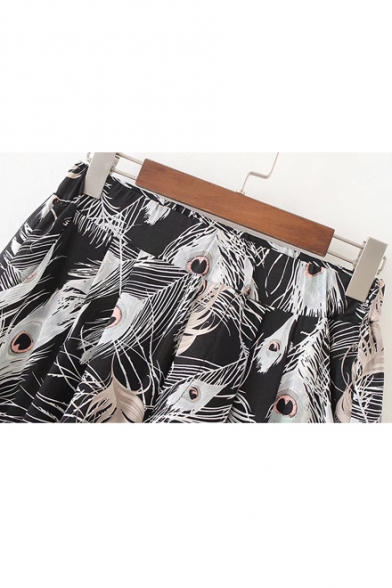 Summer's Peacock Feather Printed Loose Wide Legs Culottes Shorts