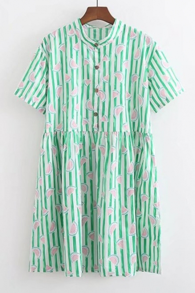 Summer's Watermelon Printed Buttons Down Short Sleeve Mini Smock Dress