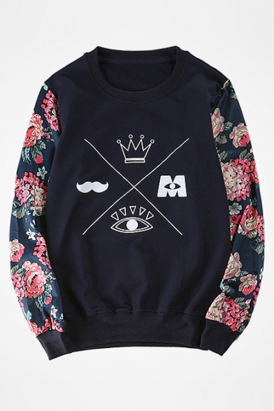 Casual Loose Round Neck Long Sleeve Floral Printed Unisex Pullover Sweatshirt