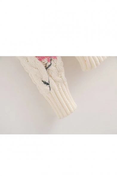 Chic Floral Embroidery Casual Loose Long Sleeve Round Neck Sweater
