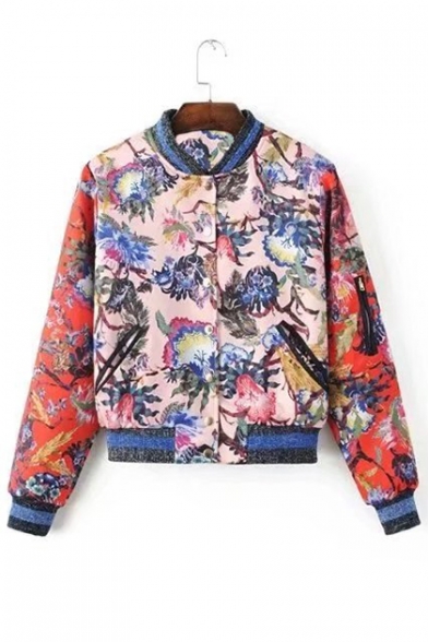 Chic Floral Printed Stand Up Collar Long Sleeve Buttons Down Cotton Coat