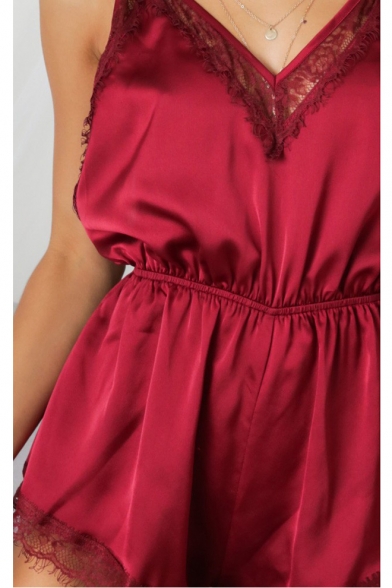 Chic Lace Inserted Trim Spaghetti Straps Plain Sexy Pajamas Rompers