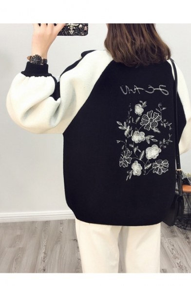 Embroidered Floral Pattern Round Neck Long Sleeve Zipper Cardigan