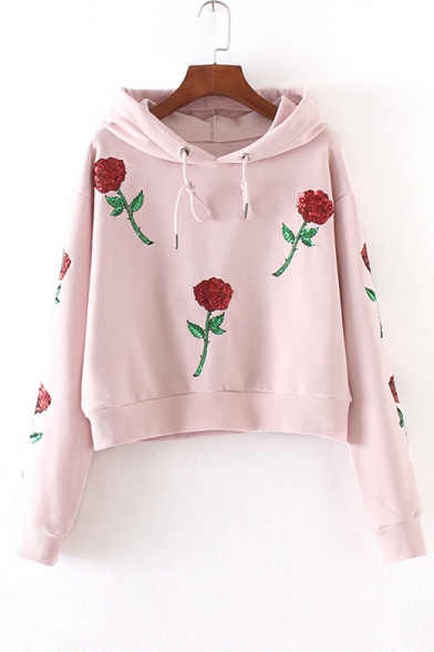 Fashion Sequined Floral Pattern Long Sleeve Hoodie Sweatshirt