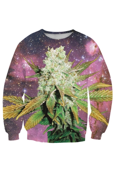 Galaxy And Plant Print Round Neck Long Sleeve Pullover Sweatshirt