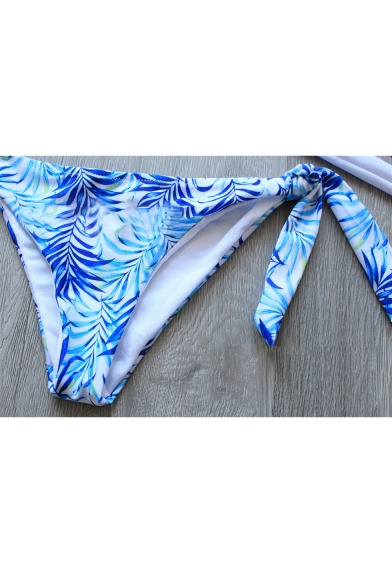 Halter Neck Plain Bikini Top String Side Leaves Printed Bottom Swimwear