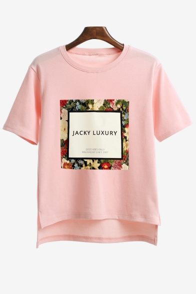 High Low Trim Floral Letter Pattern Round Neck Short Sleeve T-Shirt