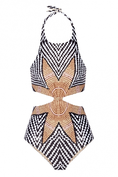 Hot Fashion Geometric Leaf Printed Cut Out Waist One Piece Swimwear