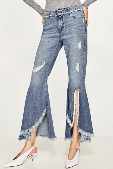 New Arrival High Waist Fashion Ripped Slit Cuff Fringe Hem Asymmetrical Flared Jeans