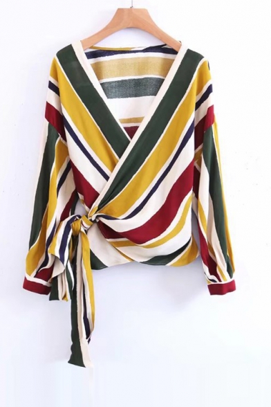 New Fashion Color Block Striped Printed Long Sleeve Wrap Plunge Neck Blouse