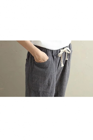 New Fashion Elastic Drawstring Waist Classic Plaids Printed Loose Pants