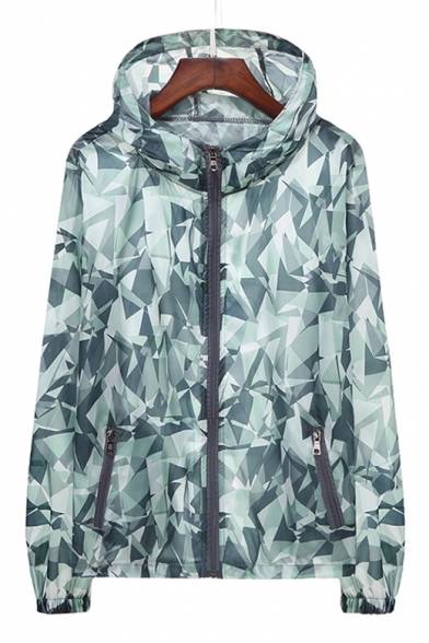 New Fashion Sheer Diamond Printed Hooded Long Sleeve Zip Up Sun Protection Unisex Coat