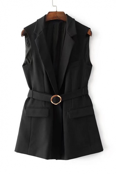 Notched Lapel Sleeveless Simple Plain Vest Coat with Buckle Waistband