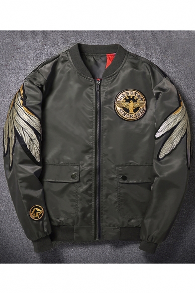 

Retro Gold Wings Embroidered Stand Up Collar Long Sleeve Zip Up Bomber Jacket, Black;army green, LC445571