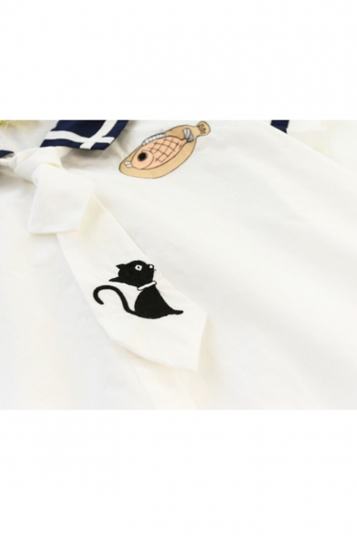 Summer's Cartoon Cat Fish Printed Folded Collar Short Sleeve Shirt