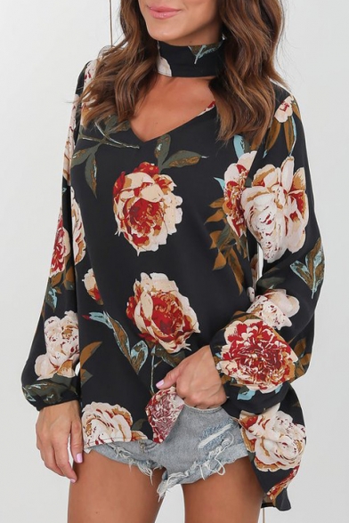 Summer's Chic Floral Printed V Neck Long Sleeve Casual Pullover Blouse
